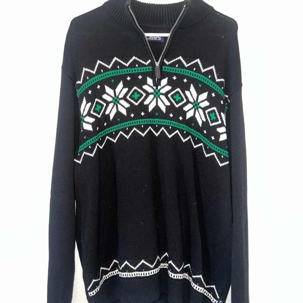 Men’s Black Half-Zip Fair Isle Sweater with Green Accents